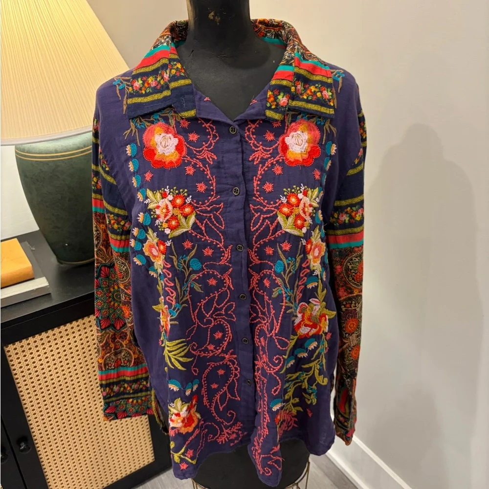 All About Her Embroidered Mosaic Button-Up Shirt 100% Cotton (XL) Hippie Gypsy - Picture 5 of 17